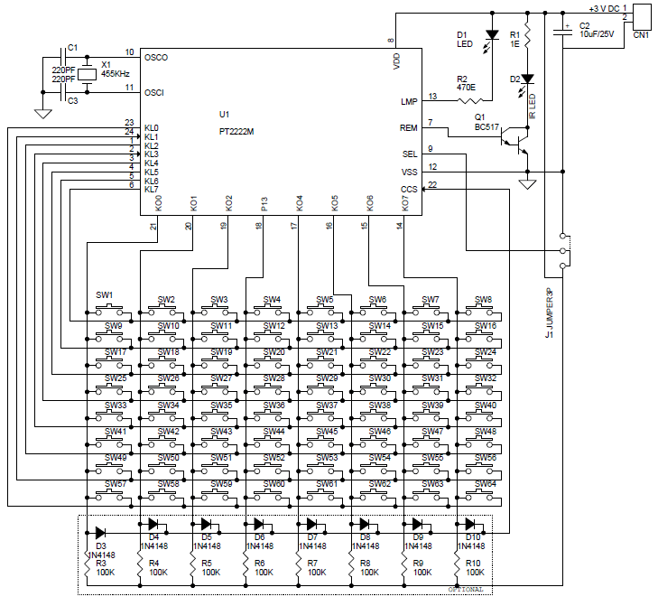 64 Key Infrared Remote Controller using PT2222M NEC Code