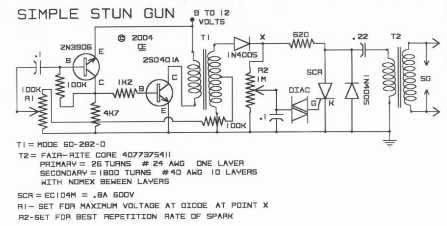 DIY Stun Gun Circuit - ElectroSchematics.com