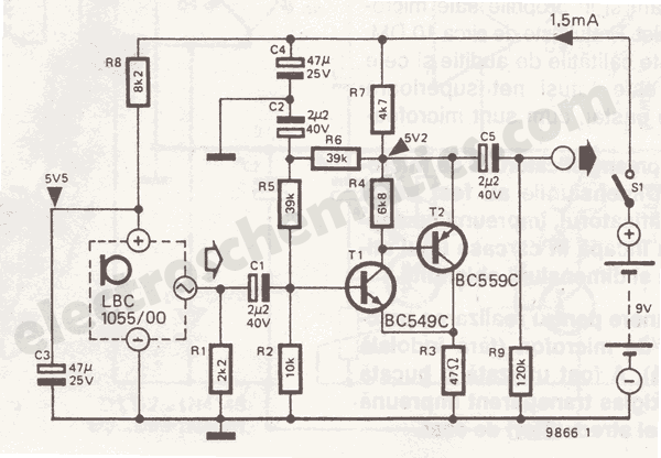 Electret Microphone Amplifier Circuit - ElectroSchematics.com