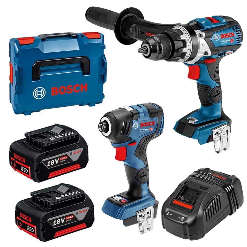 Bosch 5.0Ah Cordless Hammer Drill + Impact Driver + 2x Battery