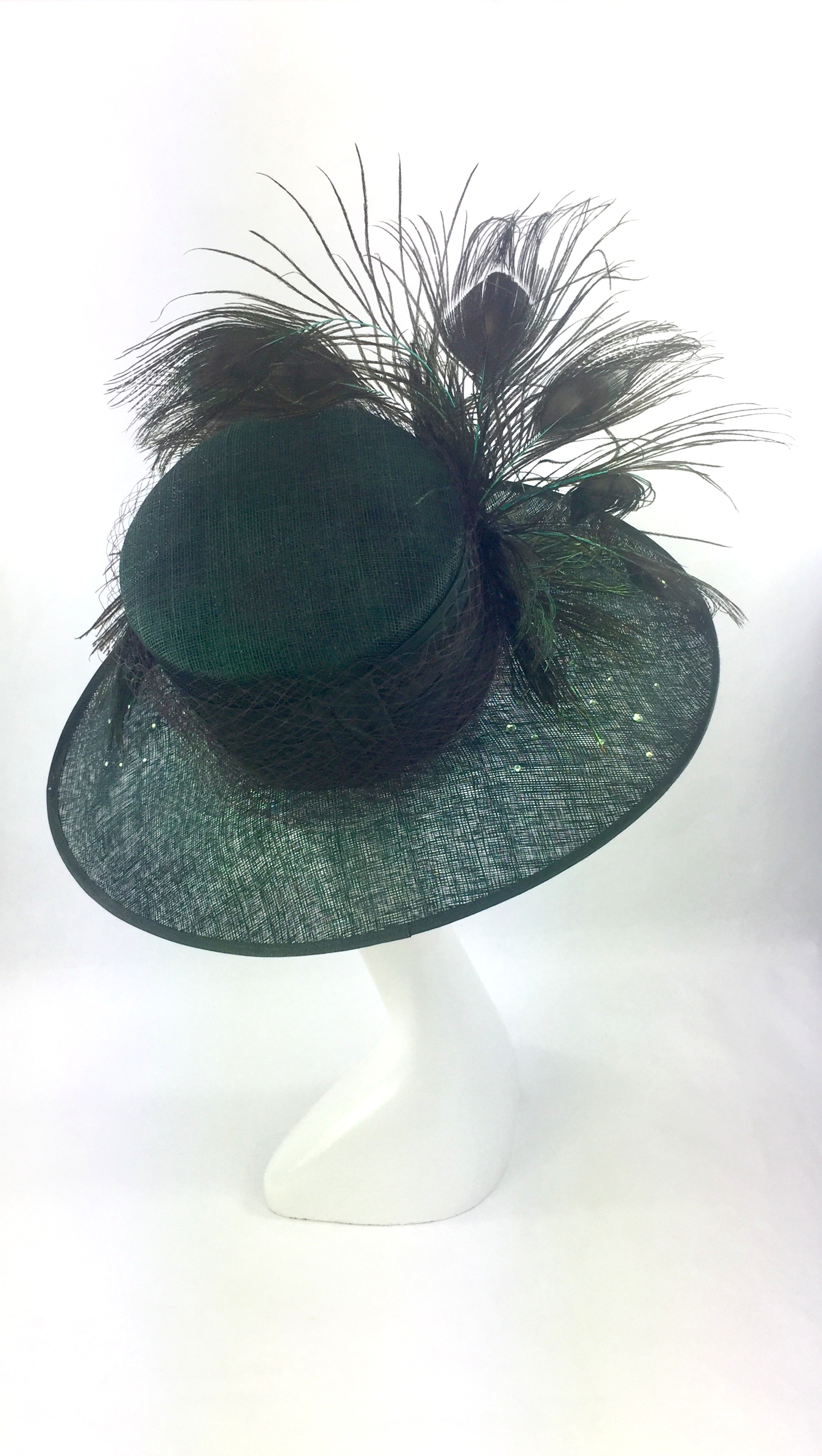 Peacock Feather Dark Green Up Turn Brim Hat Races Hats, Wedding Hat