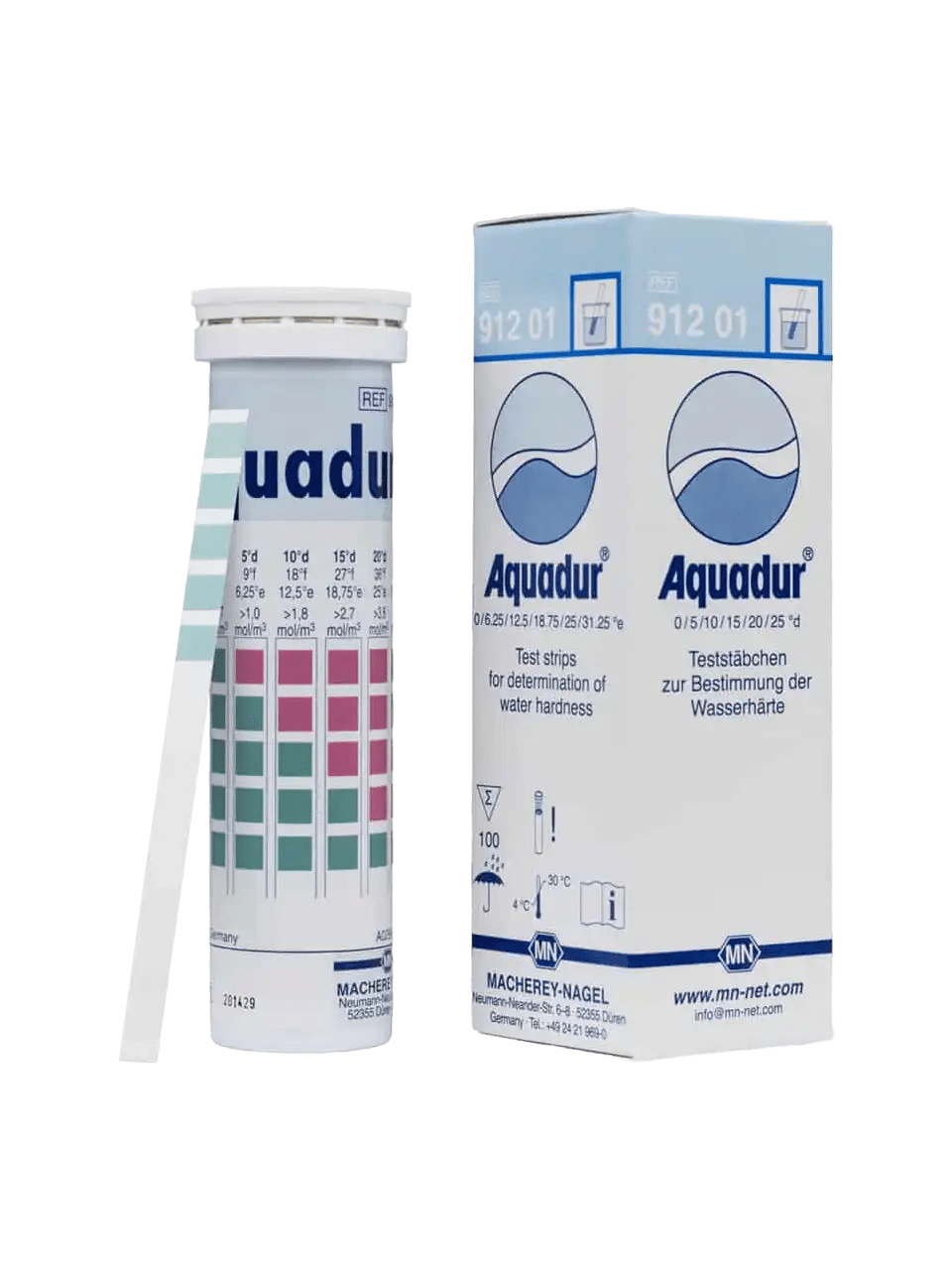 Water Hardness Test Strips, Aquadur, 5>10>15>20>25 °d, 6 x 95 mm, M&Nagel, 100 strips/pack