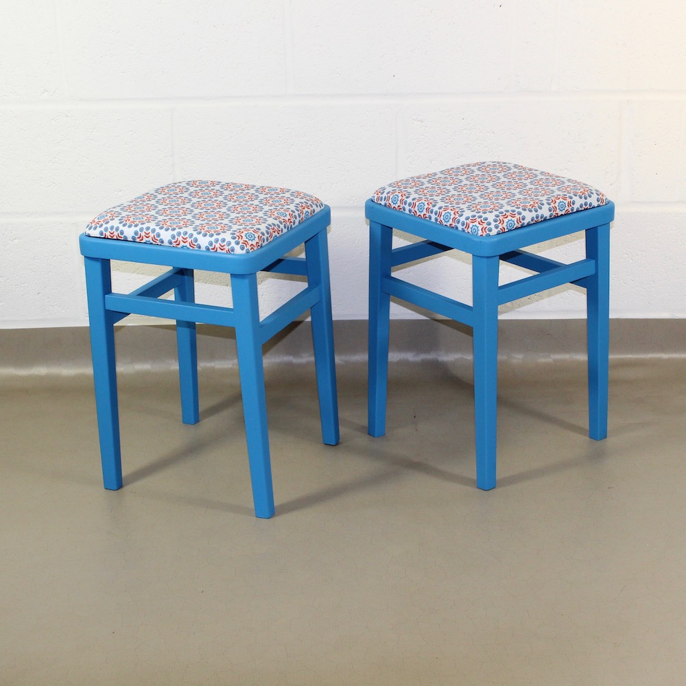 pair of upcycled blue kitchen stools covered in Lisbonne Scandi style