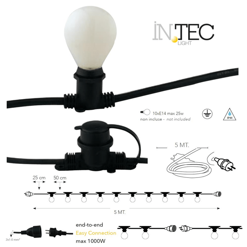 Catena luminosa 10 portalampade E14, spina SCHUKO e cavo in gomma nero