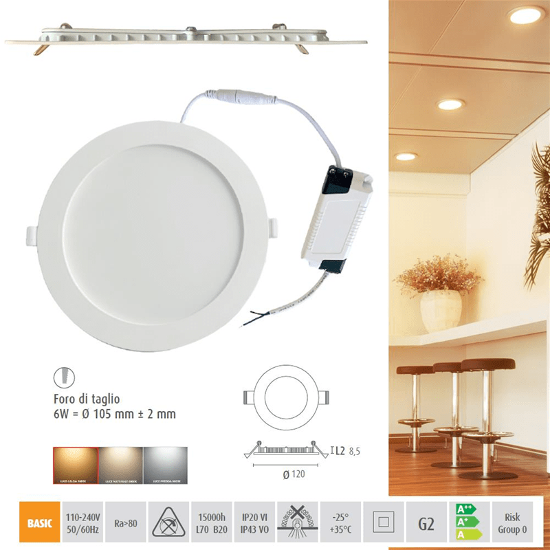 Faretti slim 6W 230V 3000K da incasso rotondi di colore bianco