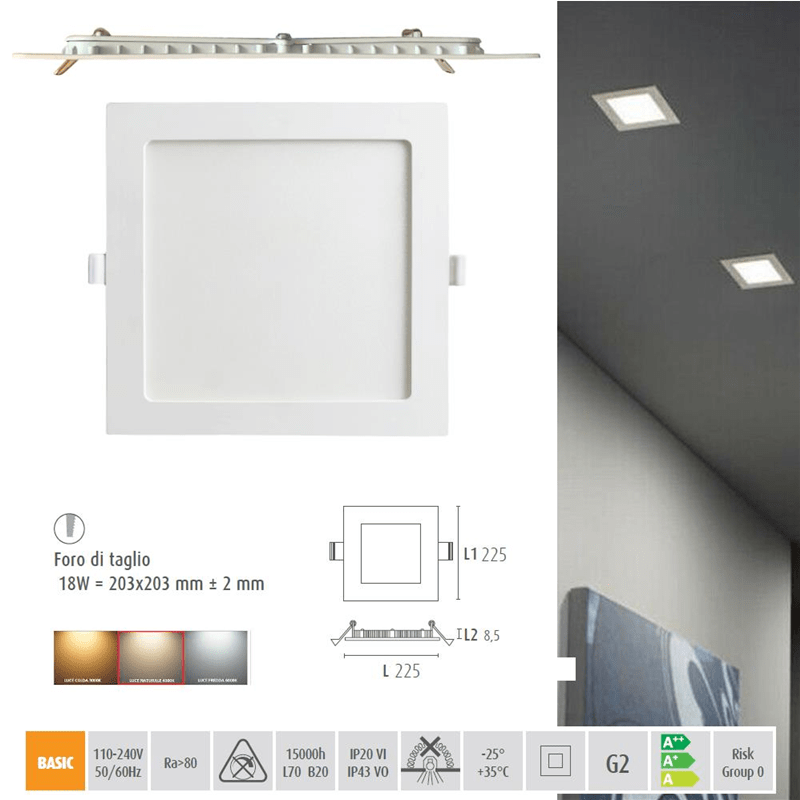 Faretti slim 18W 230V 4000K da incasso quadrati di colore bianco