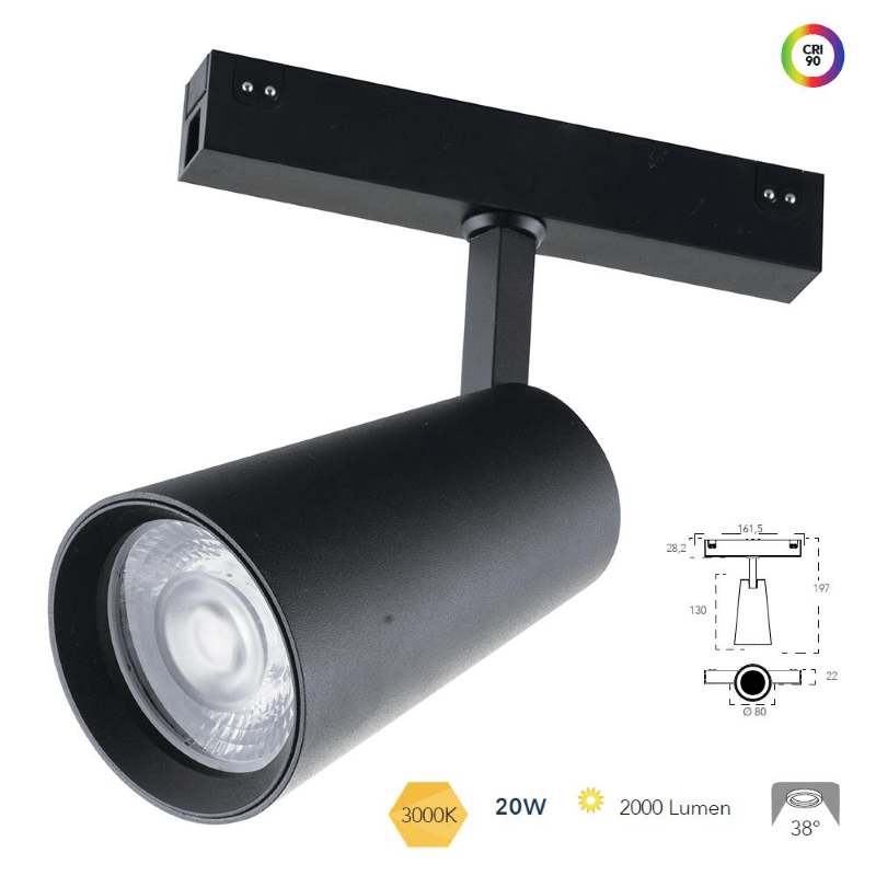 Faretto su binario 20W 3000K nero matto CRI90 Fan Europe DAVINCITEMA20C