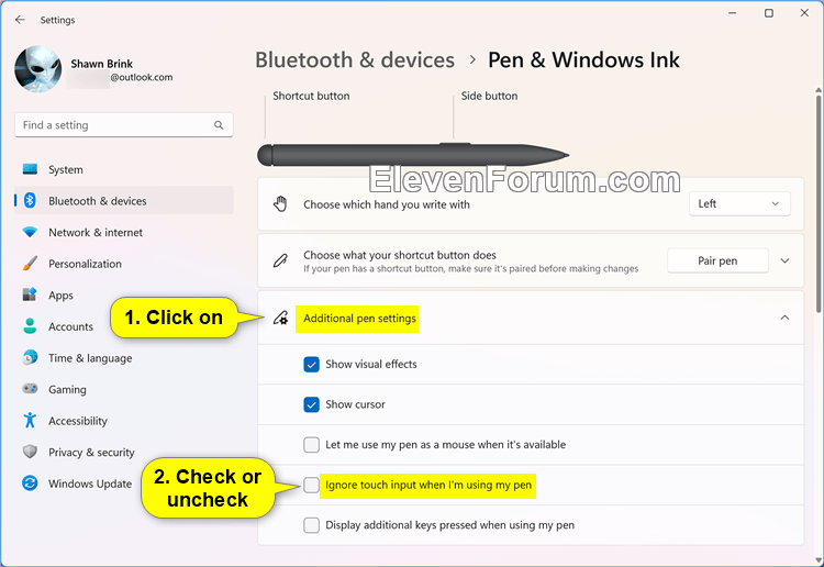 Enable or Disable Ignore Touch Input when using Pen in Windows 11