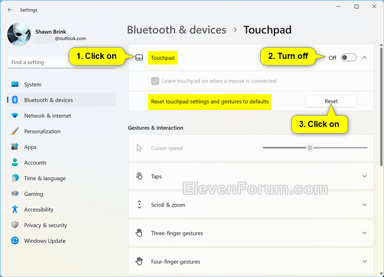 Reset Touchpad Settings and Gestures to Default in Windows 11 Tutorial
