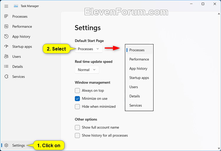 Change Default Start Page for Task Manager in Windows 11 Tutorial