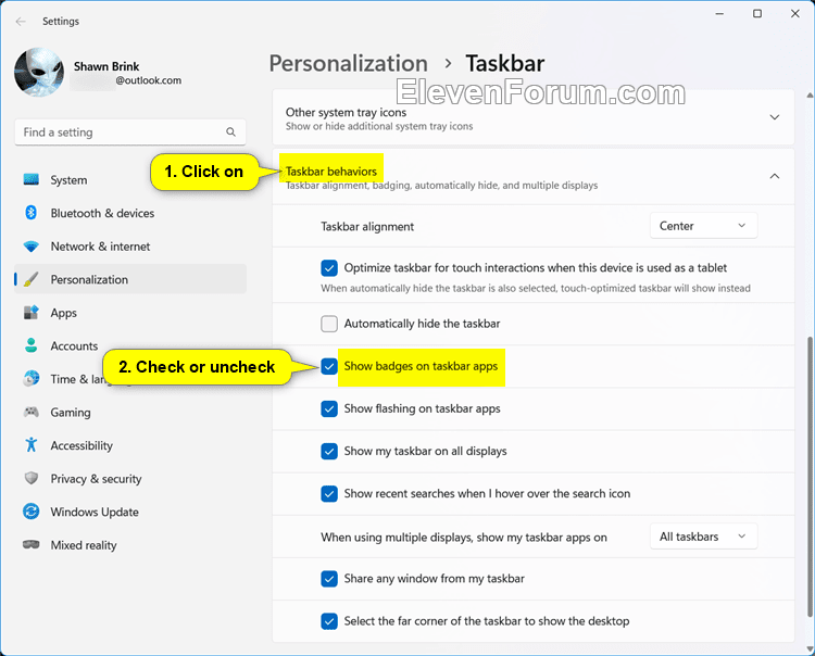 Enable or Disable Show Badges on Taskbar Apps in Windows 11 Tutorial