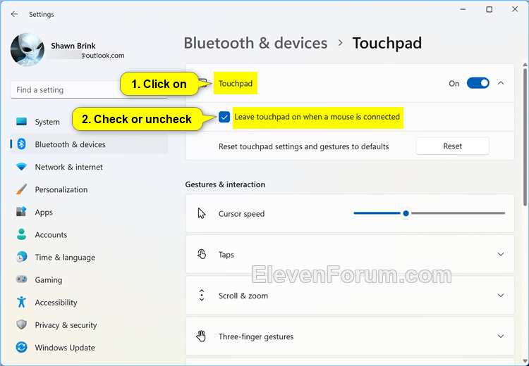 Turn On or Off Leave Touchpad On when Mouse Connected in Windows 11