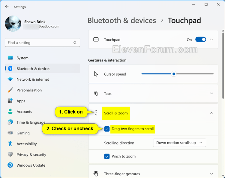 Turn On or Off Drag Two Fingers to Scroll on Touchpad in Windows 11