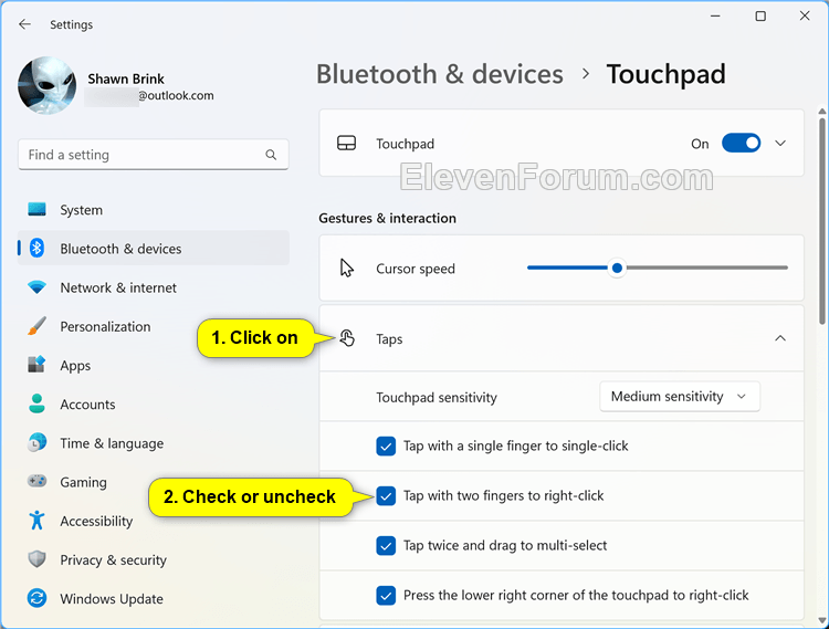 Turn On or Off Tap Touchpad with Two Fingers to RightClick in Windows