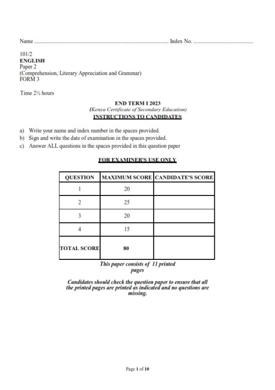 2023 Form 3 English Paper 3 End of Term 3 Examination With Marking Schemes Elimu Cloud Notes