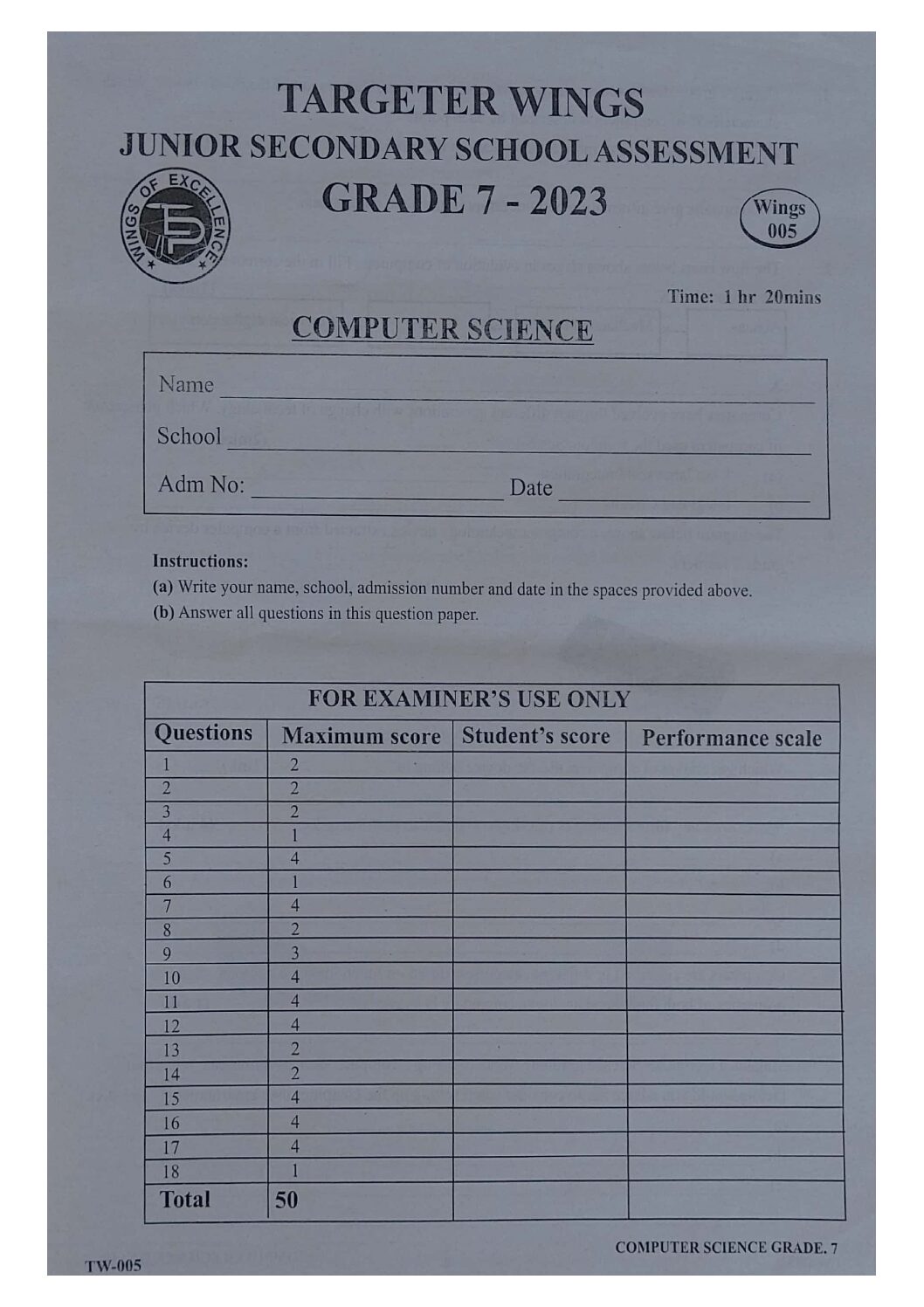 2023 GRADE 7 TARGETER WINGS 005 EXAMS WITH MARKING SCHEMES Elimu