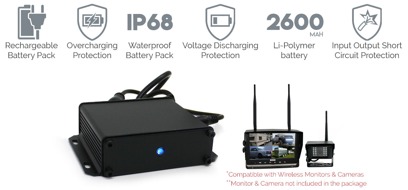 2600mAh Rechargeable Battery Pack for Wireless Backup Camera Systems IP68