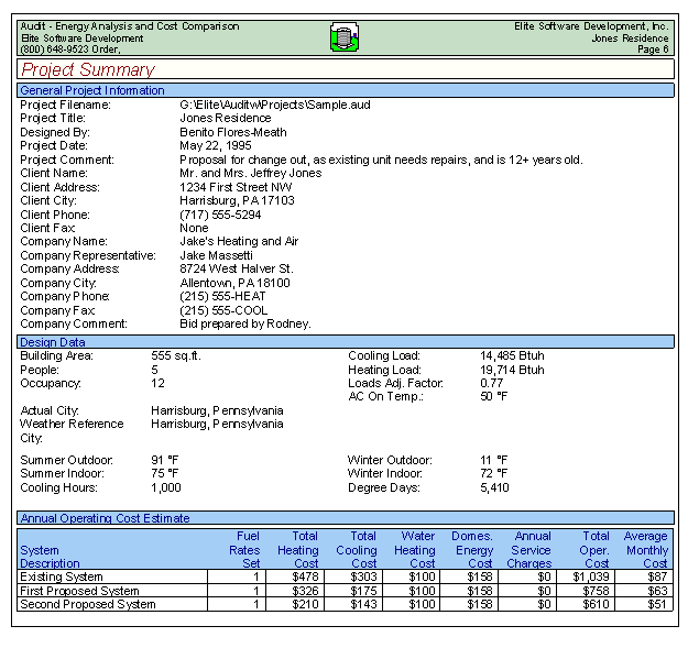 Elite Software AUDIT for Windows Energy Analysis and Cost