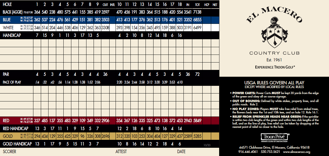 El Macero Country Club Scorecard