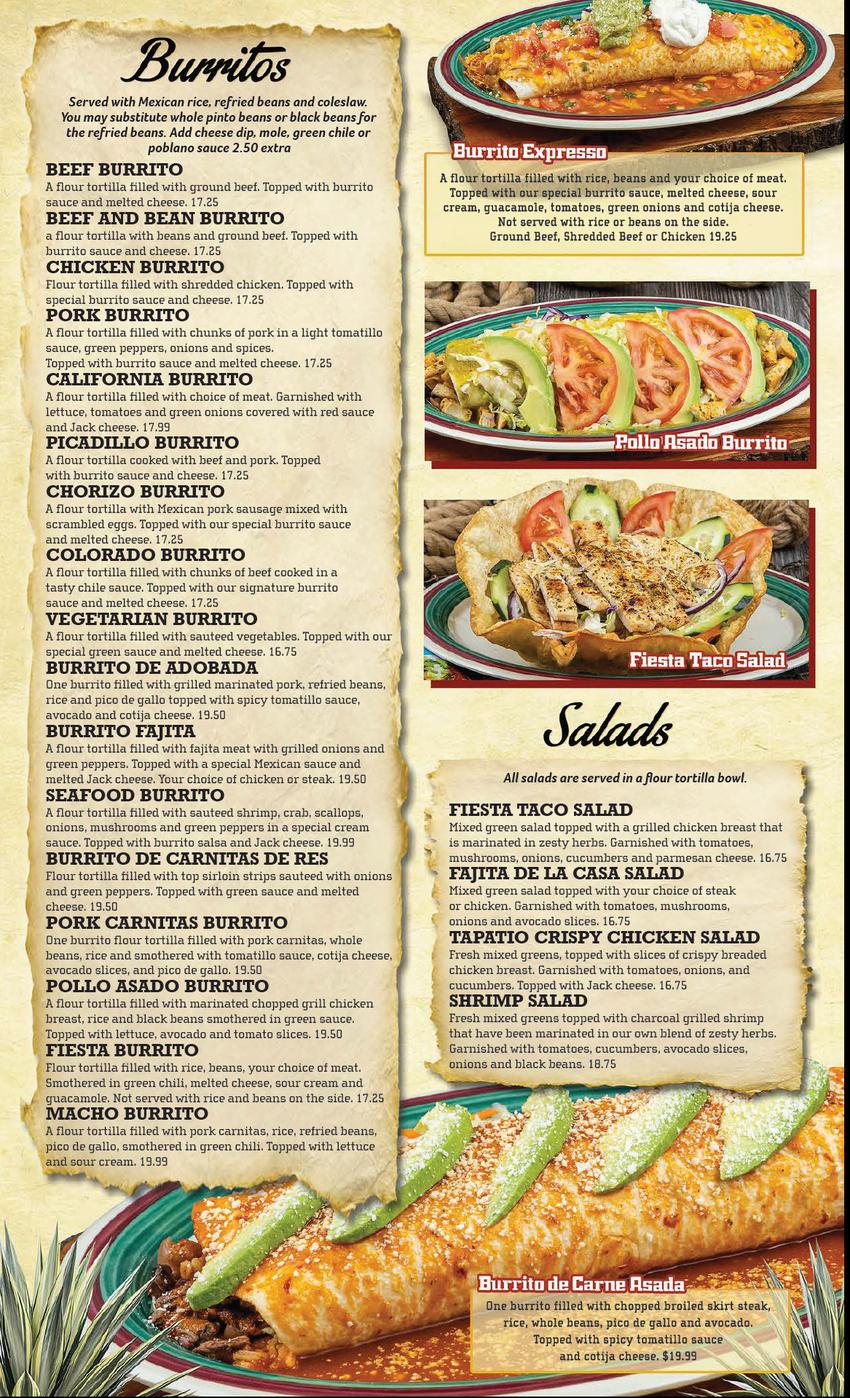 El Tapatio Menu Burritos and More!