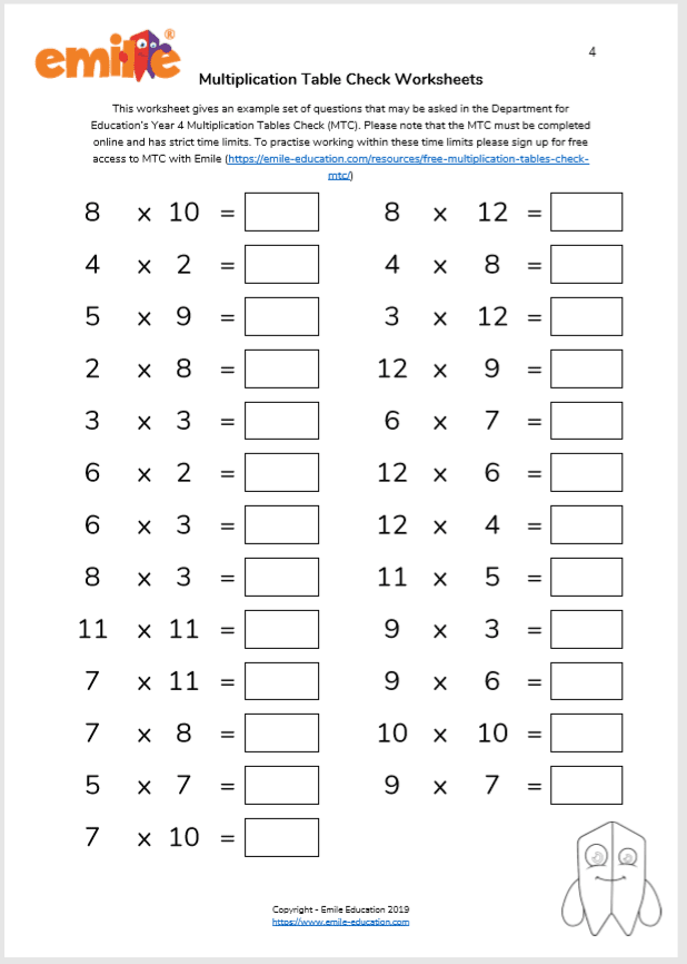 Multiplication Tables Check (MTC) Worksheets