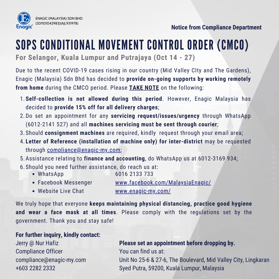 Kuala lumpur, selangor, johor, penang and kelantan will. Cmco Notice Enagic Malaysia Sdn Bhd