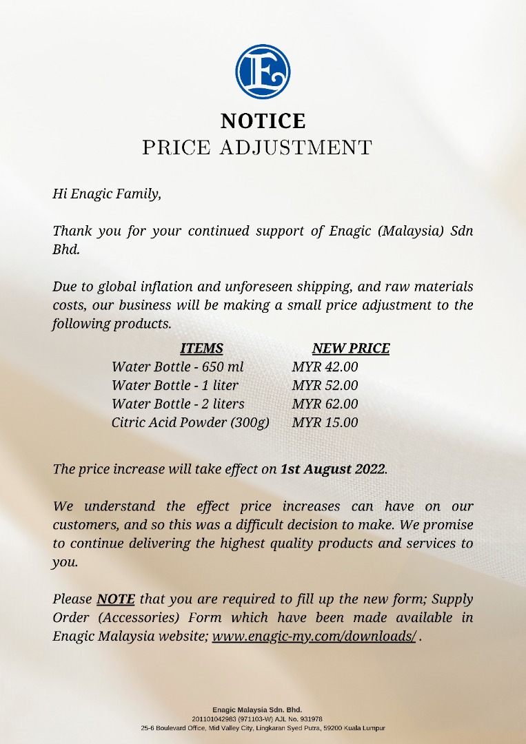 NOTICE Price Adjustment effective on 1st August 2022. Enagic
