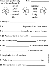 St. Patrick's Day: Spelling Word Questions: EnchantedLearning.com