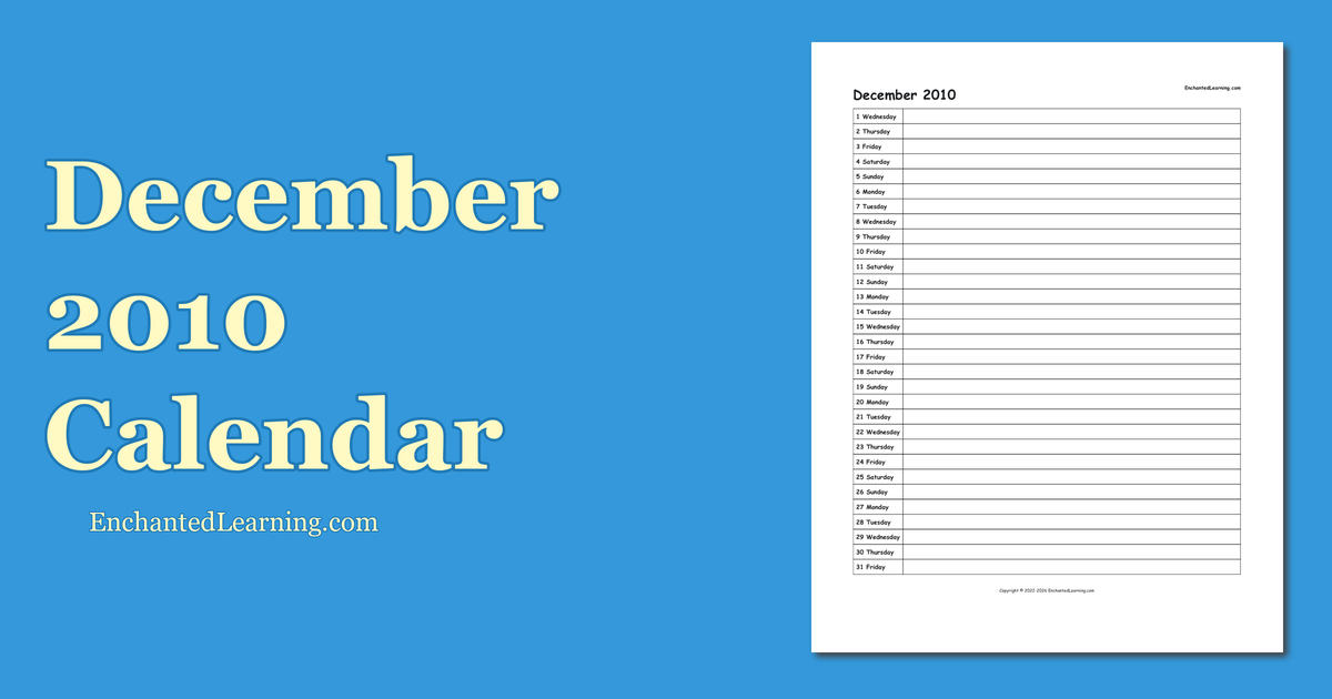 December 2010 Scheduling Calendar - Enchanted Learning
