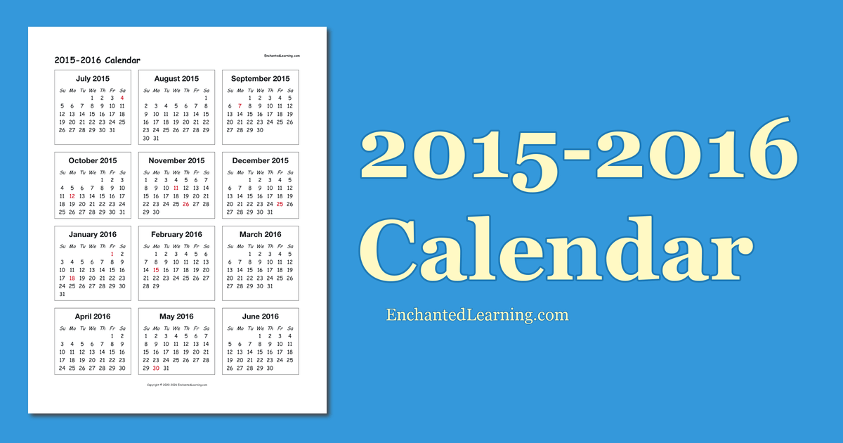 2015-2016 School-Year One-Page Calendar - Enchanted Learning