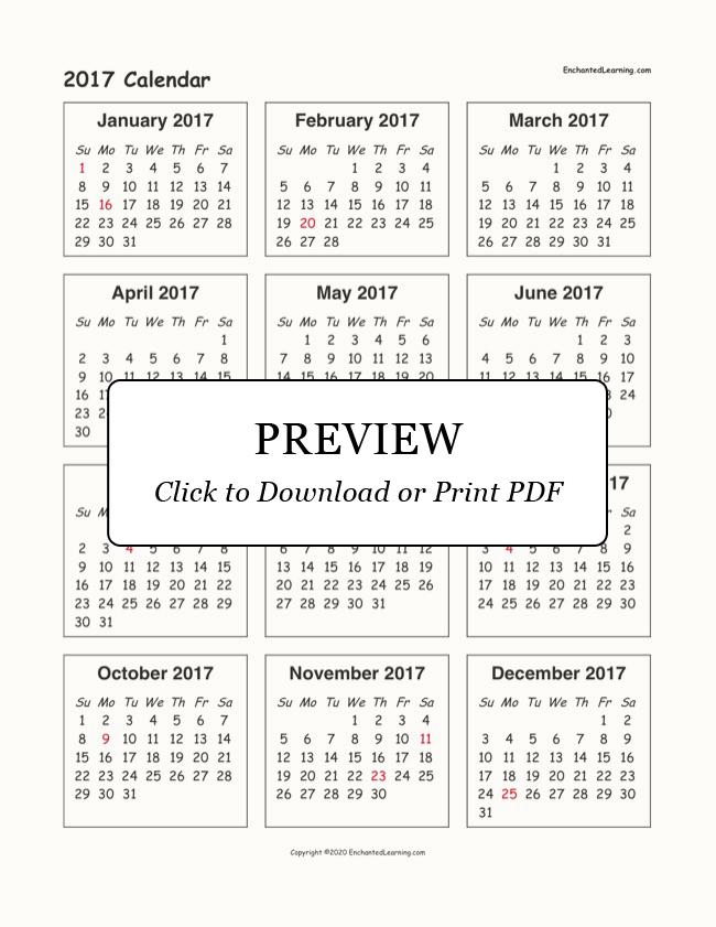 2017 One-Page Calendar - Enchanted Learning