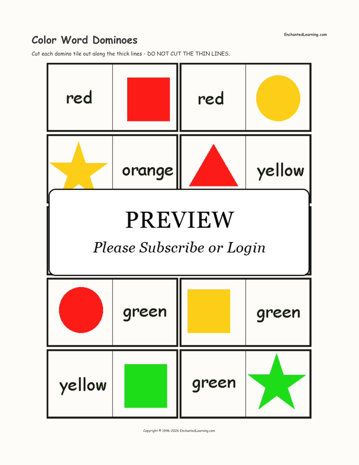Color Word Dominoes, A Printable Game Cards 1 Enchanted Learning