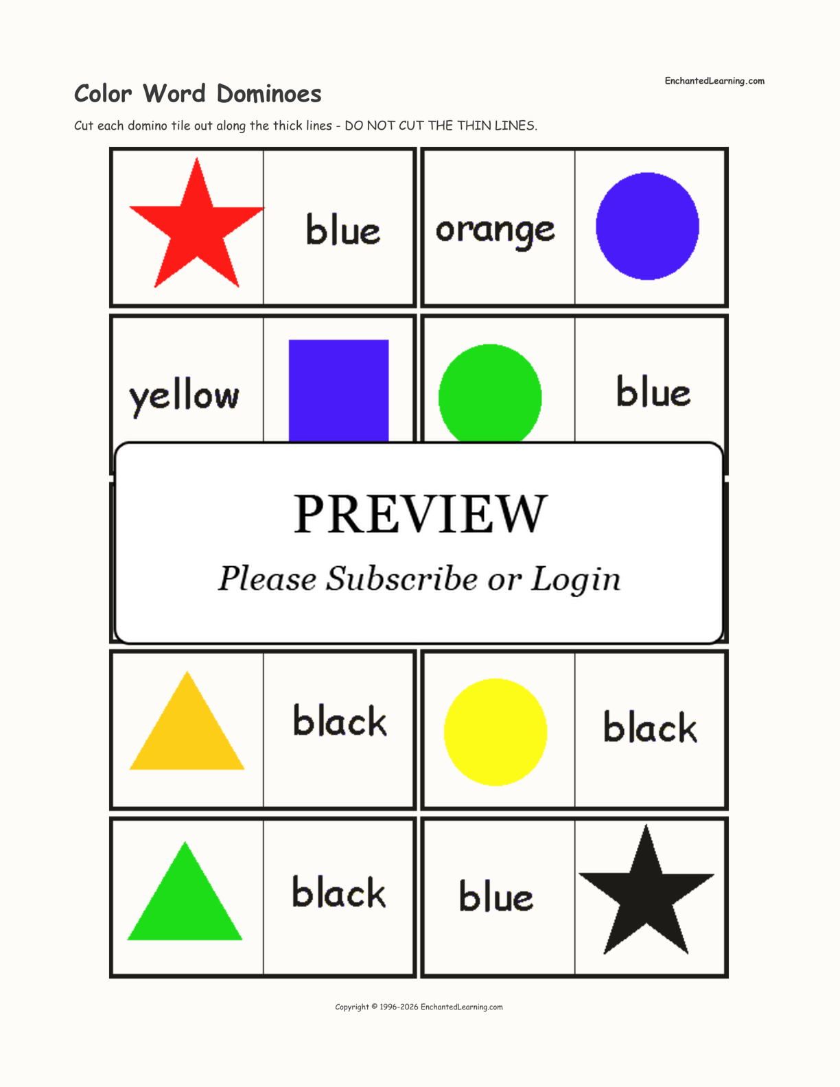 Color Word Dominoes, A Printable Game Cards 2 Enchanted Learning