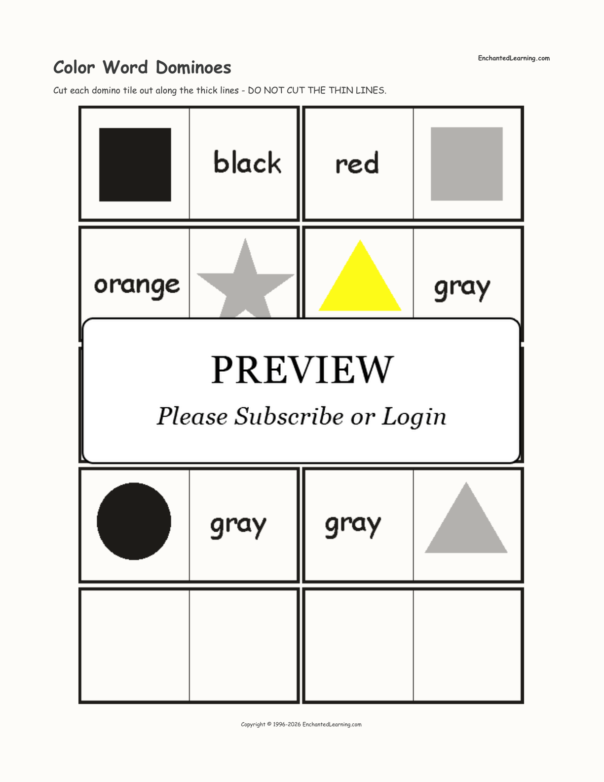 Color Word Dominoes, A Printable Game Cards 3 Enchanted Learning