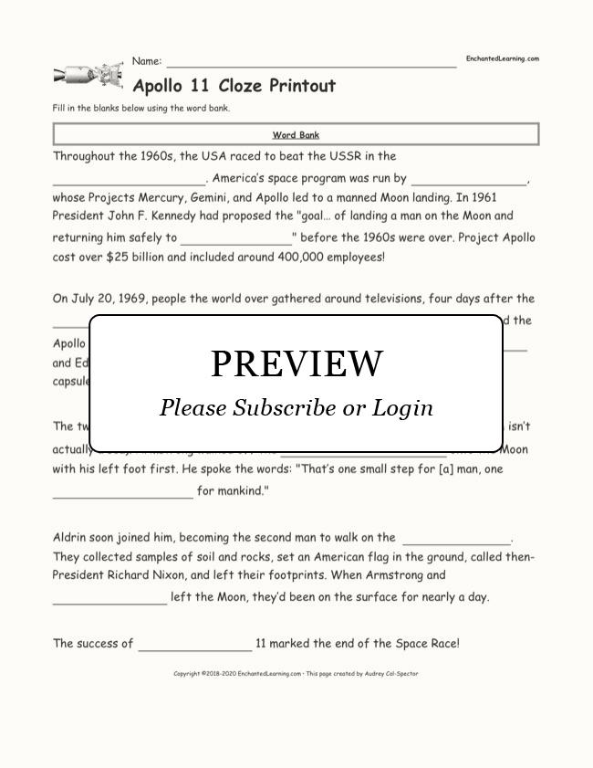 Apollo 11 Cloze Printout Enchanted Learning