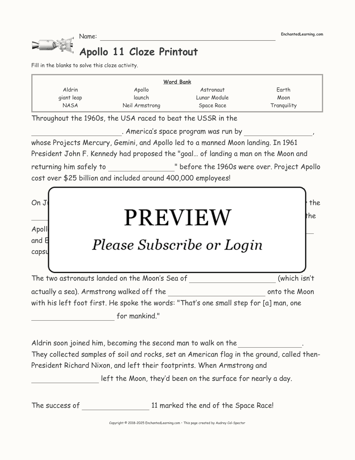 Apollo 11 Cloze Printout Enchanted Learning