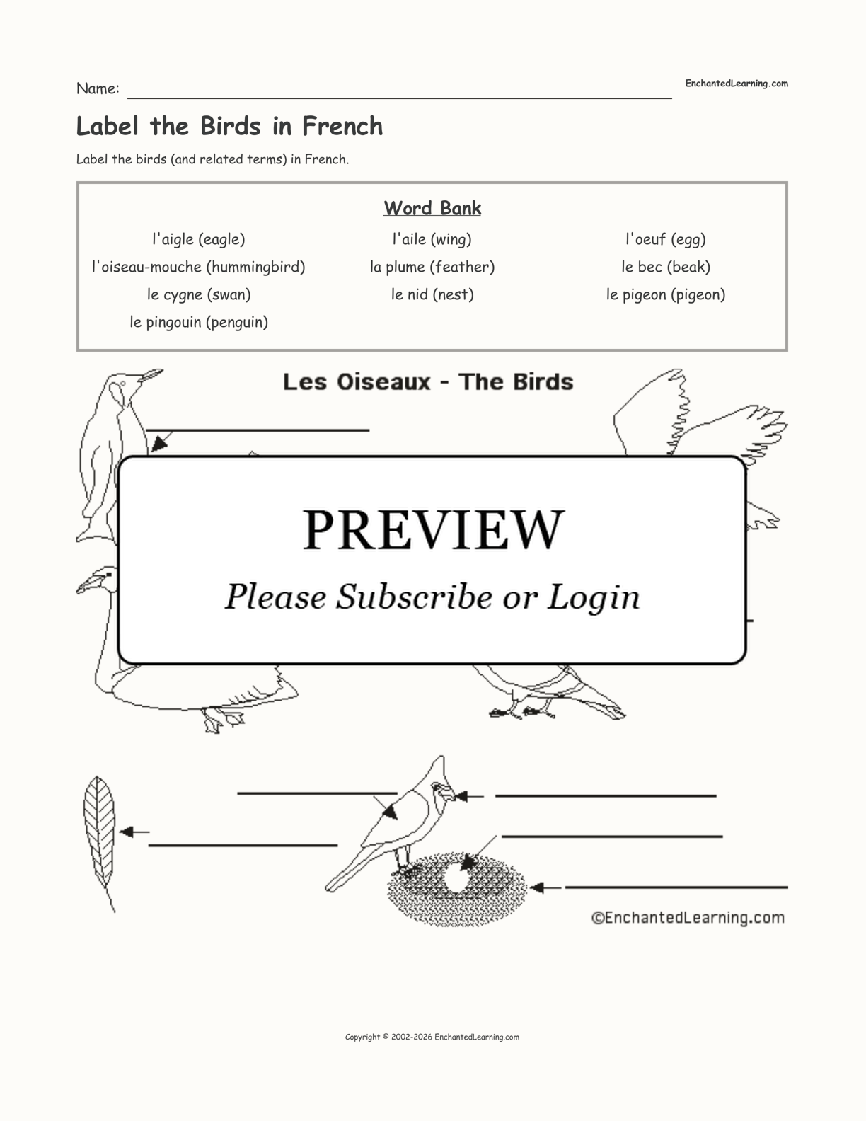 Label the Birds in French Enchanted Learning