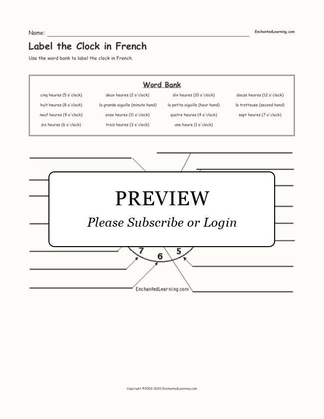 Label the Clock in French Enchanted Learning