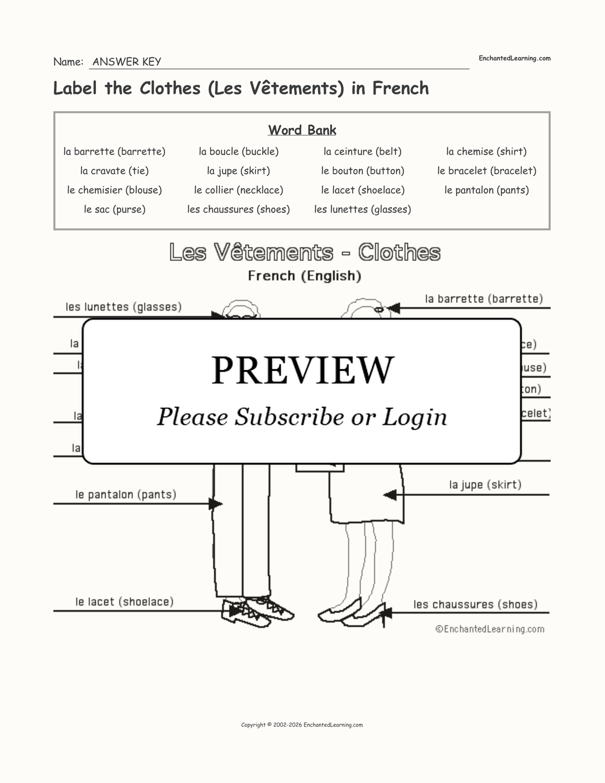 Label the Clothes (Les Vêtements) in French Enchanted