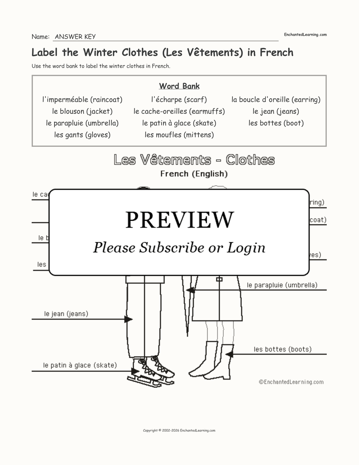 Label the Winter Clothes (Les Vêtements) in French Enchanted Learning