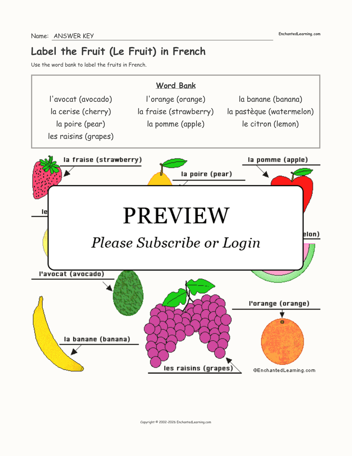 Label the Fruit (Le Fruit) in French Enchanted Learning