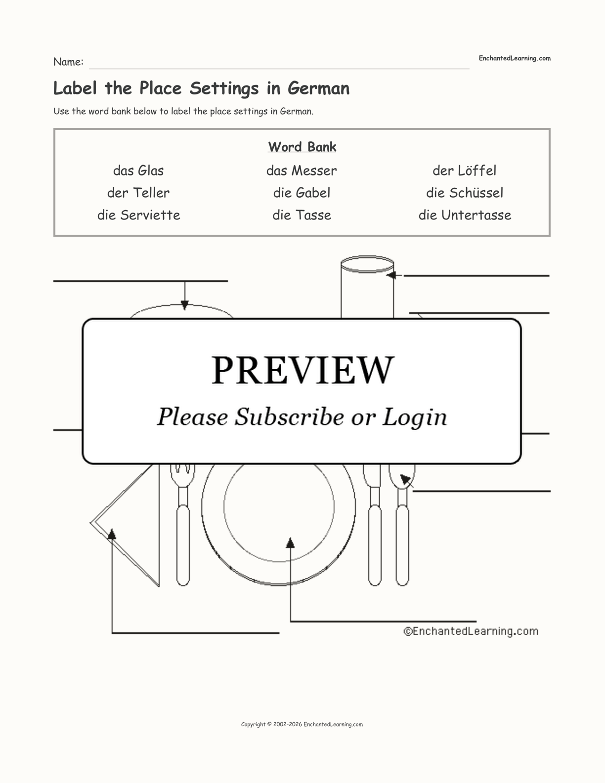 Label the Place Settings in German Enchanted Learning