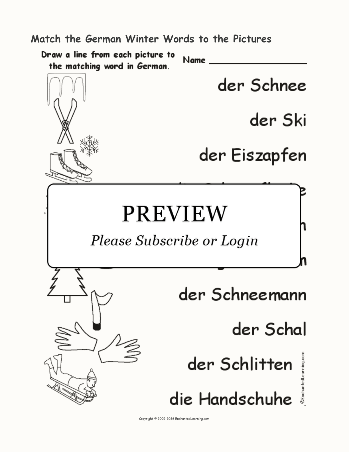 Match the German Winter Words to the Pictures Enchanted Learning