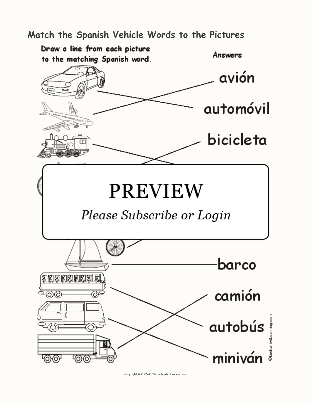 Match the Spanish Vehicle Words to the Pictures Enchanted Learning