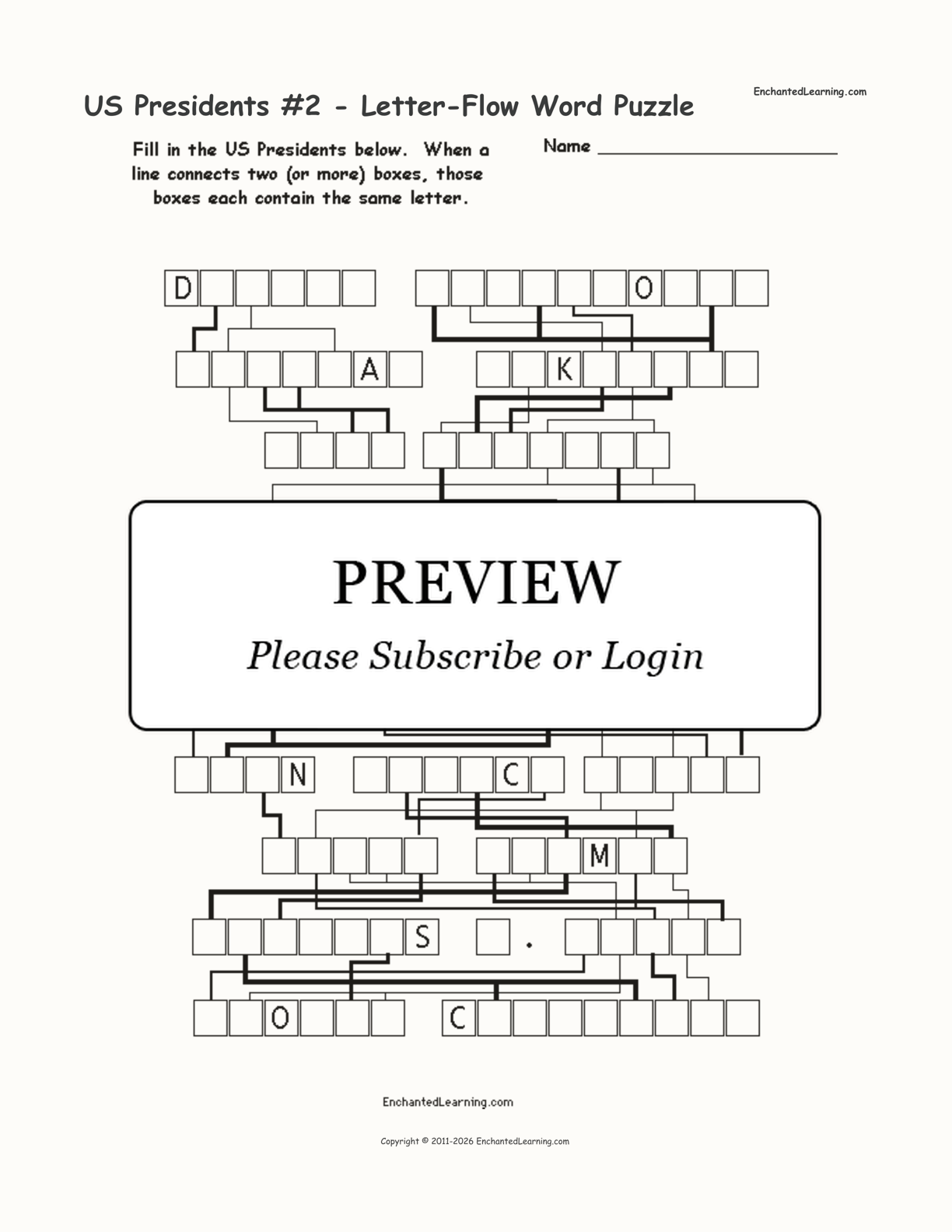 US Presidents 2 LetterFlow Printable Word Puzzle