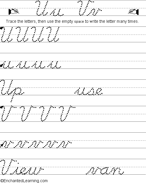 Writing Cursive Letters U-V: EnchantedLearning.com