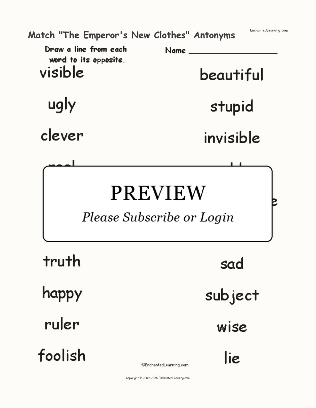 Match "The Emperor's New Clothes" Antonyms Enchanted Learning