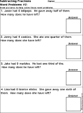 Subtracting Fractions Word Problems Worksheet Printout #2
