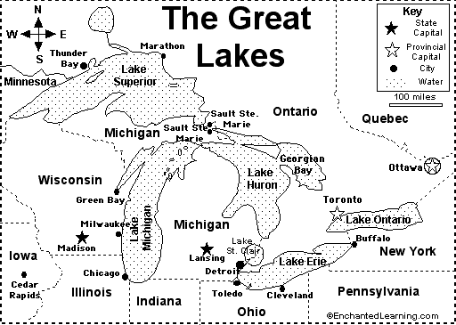 Great Lakes Map/Quiz Printout - EnchantedLearning.com