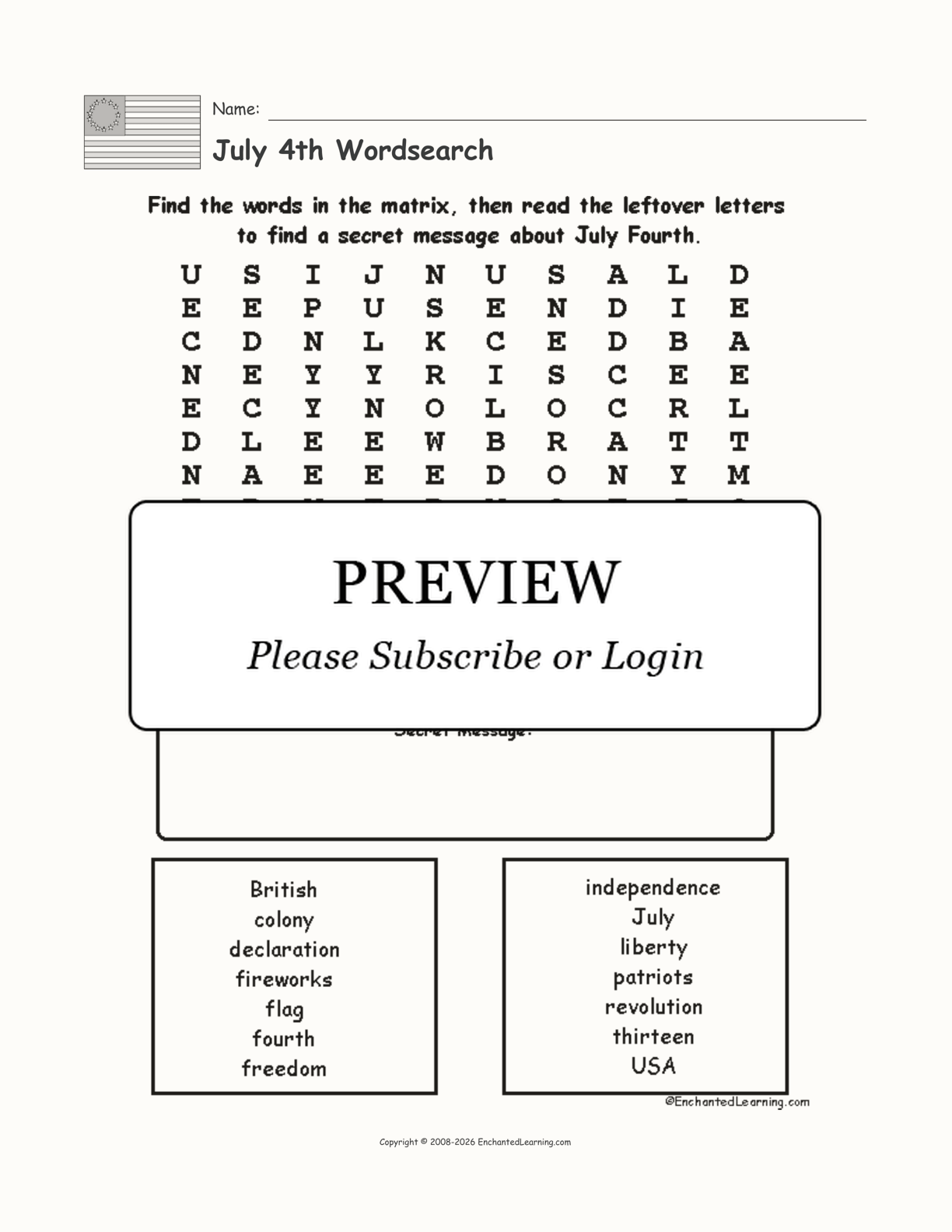 July 4th Wordsearch Enchanted Learning